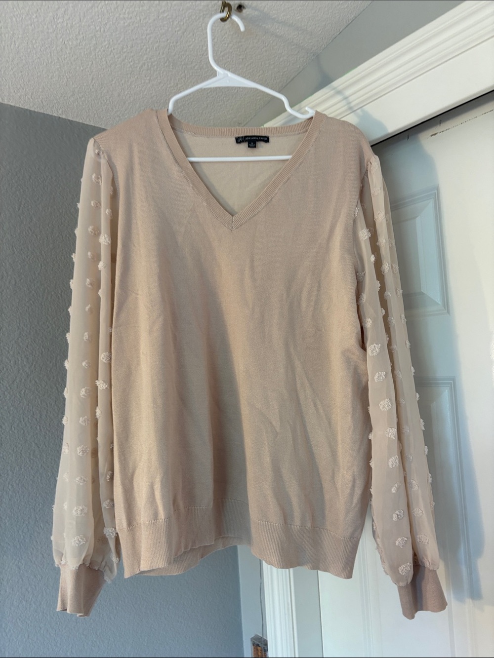 Adrianna Papell Beige V-Neck Sweater with Sheer Dot-Trim Sleeves